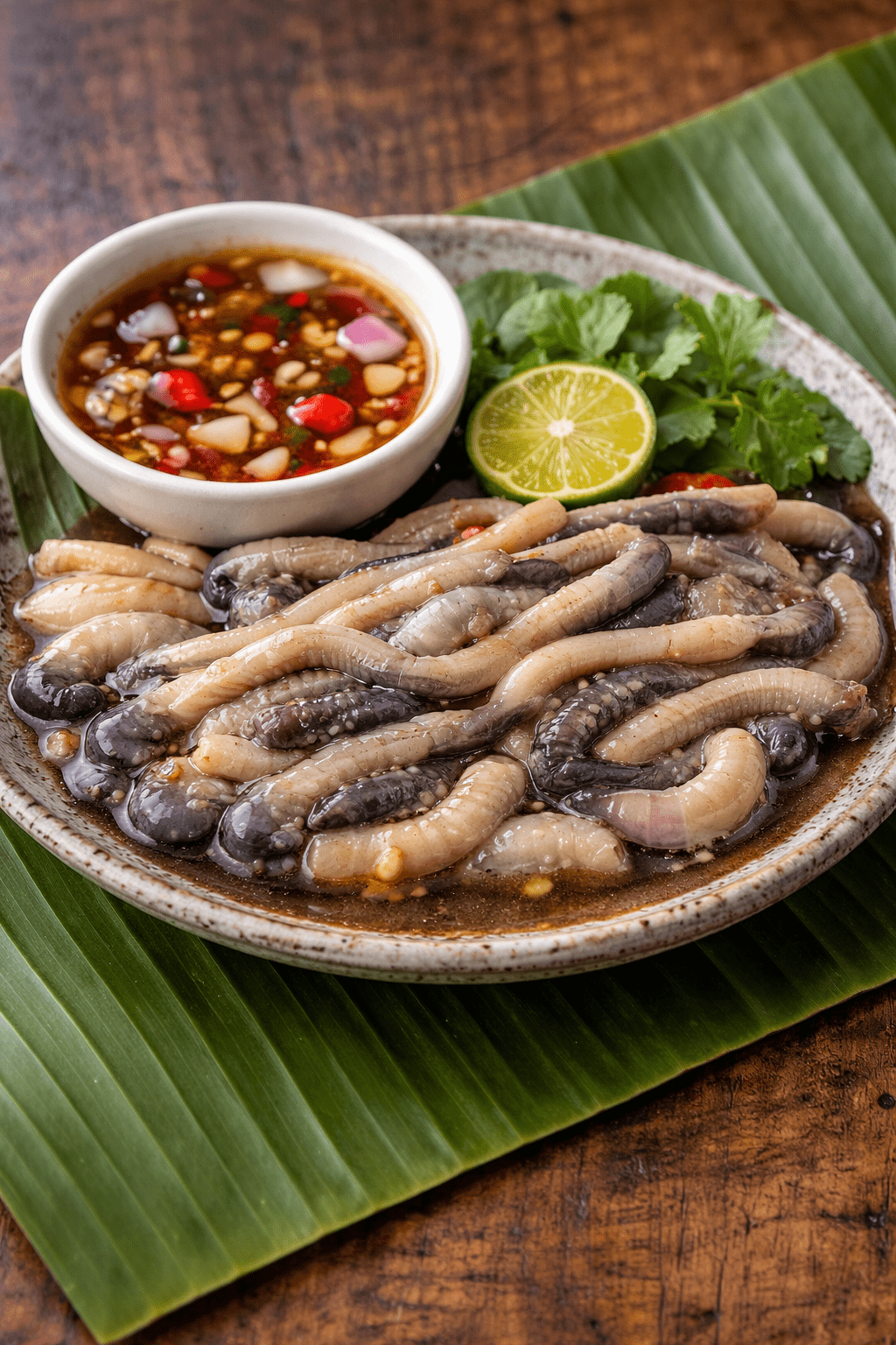 Exotic tamilok with tangy dipping sauce