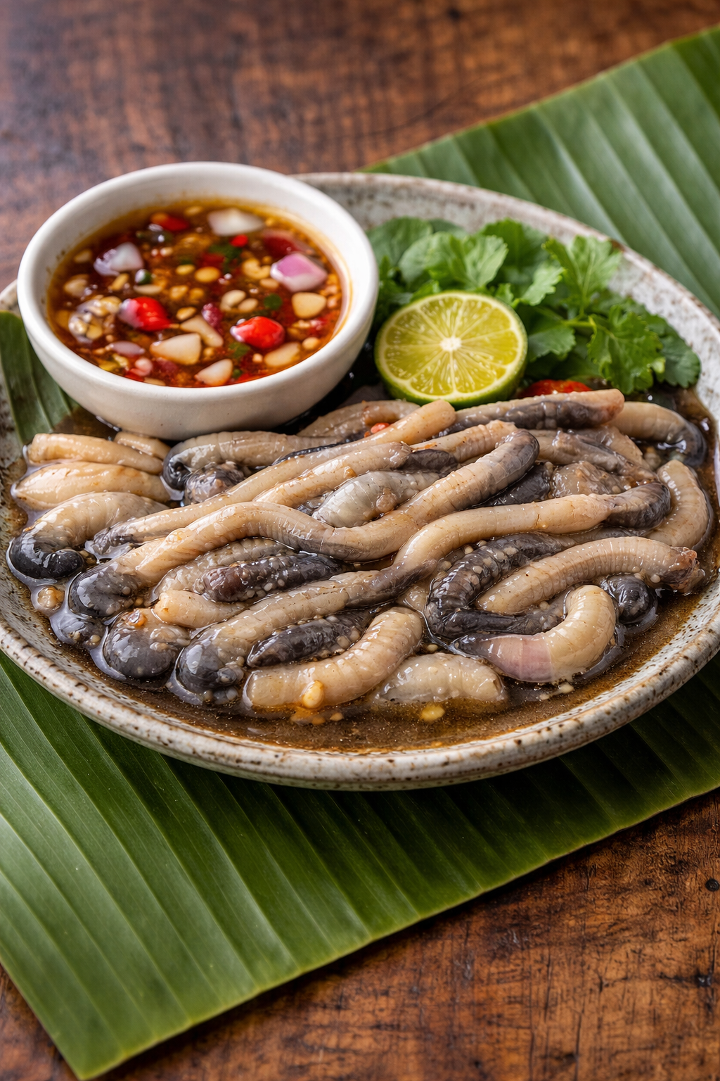 Exotic tamilok with tangy dipping sauce