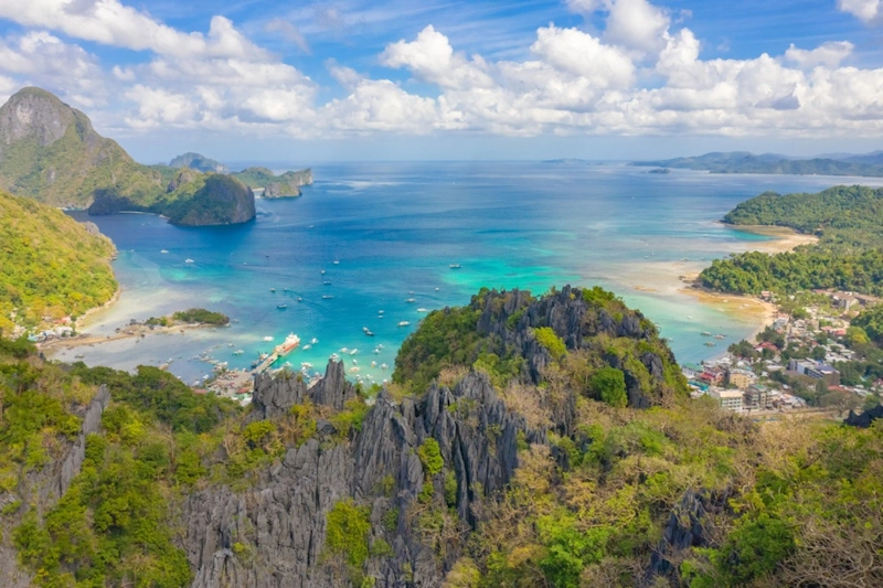 Aerial drone view of Bacuit Bay from Taraw Cliff El Nido